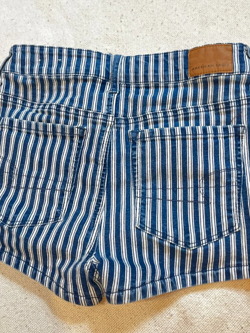 blue and white pinstripe american eagle high waisted denim cotton mini shorts